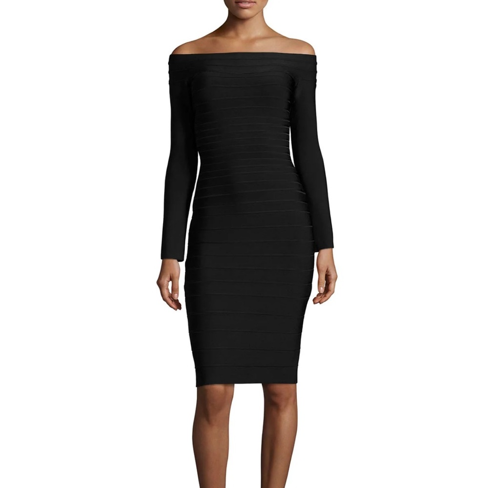 Authentic Hervé Léger Off-the-Shoulder Bandage Dress – Black – Medium